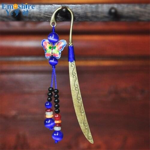 Emoshire Retro Butterfly Pendant Tassel Blue Metal Book Mark Bookmark Birthday Gift Chinese Style Bookmark for Book M133