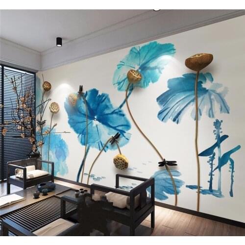 Custom Photo Wallpaper Mural Wall Sticker Ink Zen Stereo Golden Lotus Mural Background Wall Decorative Painting