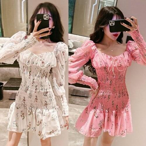 High Quality Best-selling Retro Fashion Dress 2020 Romantic Slash neck Chiffon Pleated Fairy Long Sleeve Dress Woman Vestidos