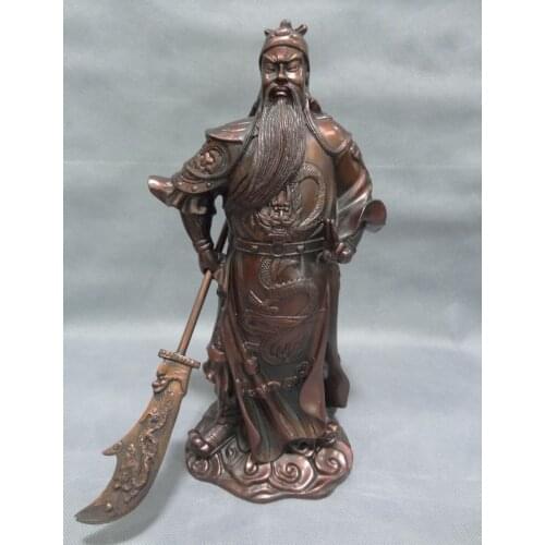 003595 12" Folk Chinese Bronze Stand Dragon Warrior GuanGong GuanYu God Statue Figurine