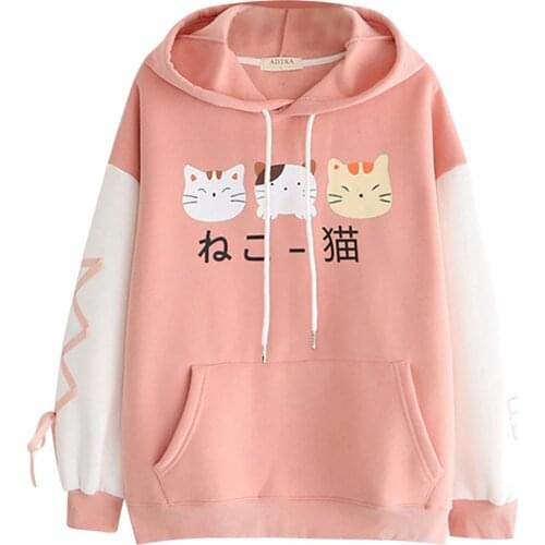 Lovely Cat Printed Hooded Sweatshirt For Teen Girls Korean Harajuku Cartoon Drawstring Hoody Blouse Shirts Pink Pullover Moletom
