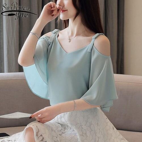 Summer Top Female Off-Shoulder Chiffon Blouse Fashion Loose Slim Womans Blouses Butterfly Sleeve Solid Ropa De Mujer 9036