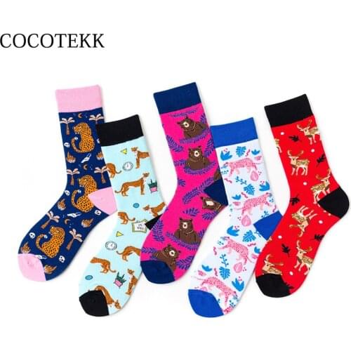 Women Socks Soft Combed Cotton Cartoon Animal Elk Leopard Tiger Bear Novelty Funny Happy Socks 2019 Winter Hip Hop Street Socks