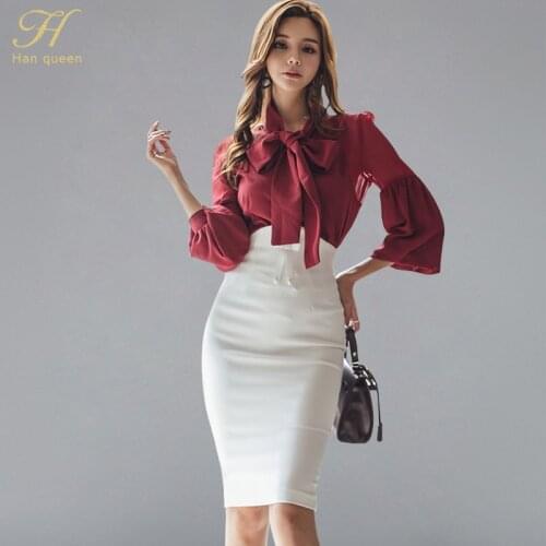 H Han Queen Womens 2019 Autumn Vintage Work Wear Set New Chiffon Lantern Sleeve Blouses And White Sheath Pencil Bodycon Skirts