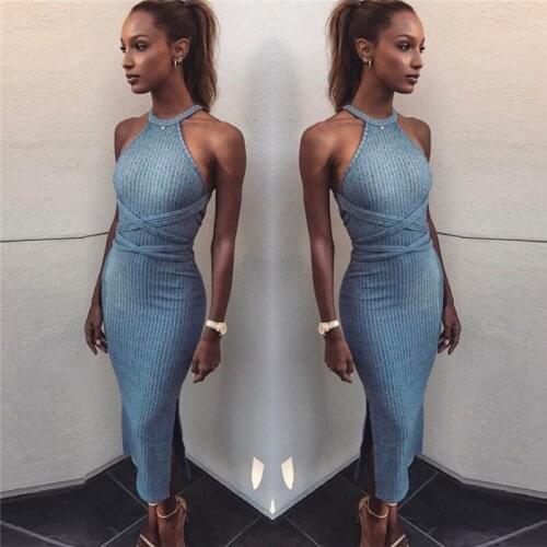 Women Long Bandage Dress Sexy Halter Sleeveless bodycon dress solid ankle length maxi dresses for women party dress vestidos