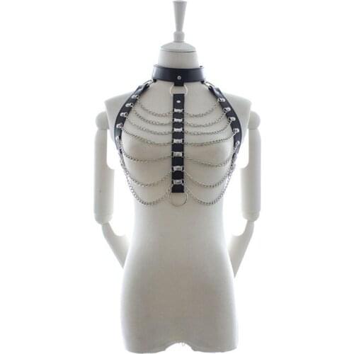 Women Fetish Metal Chain Striped Lingerie Gothic Black Pu Leather Harness Bra Erotic Halter Underwear Sexy Game Party Clubwear