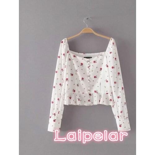 Summer womens tops and blouse boho white cherry floral print shirt blusas mujer Sexy crop top ruffles chiffon blouses