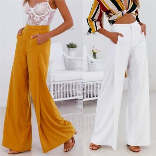 Elegant Women Trousers Female Wide Leg Pants Summer White High Waist Loose Casual Pant With Pockets Office Lady Zipper Long Pant