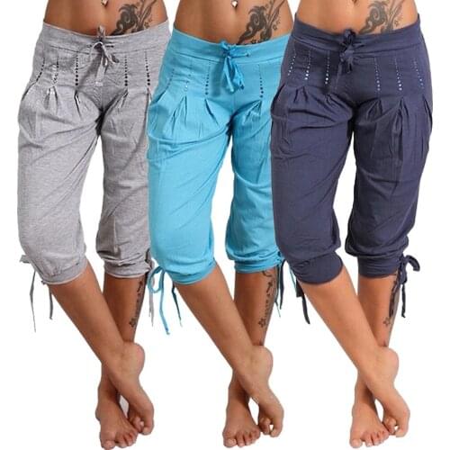 Sports Women Pants Casual Low Rise Drawstring Rhinestone Pleated Sports Capri Pants Short Casual Skinny Pants for Women