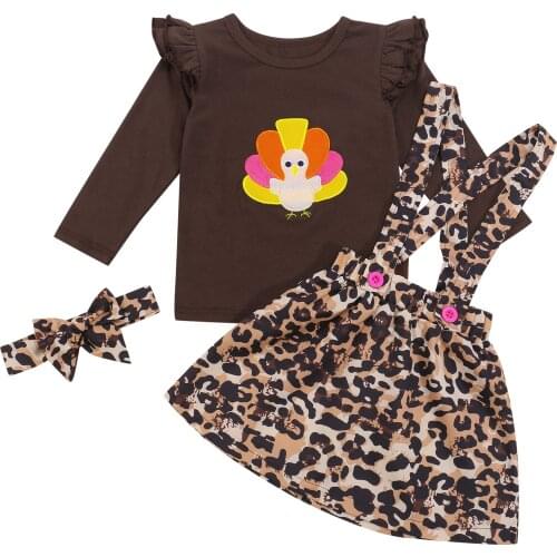 OPPERIAYA Kids Thanksgiving Day Suit Turkey Patterns O-Neck Long Sleeve Tops Leopard Suspender Skirt Headband Toddler 1-6 Years