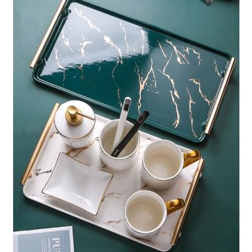 European Marble Tray Rectangular Gold-plated Bench Bathroom Storage Tray Household Tea Cup Fruit Water Cup Storage Decoration