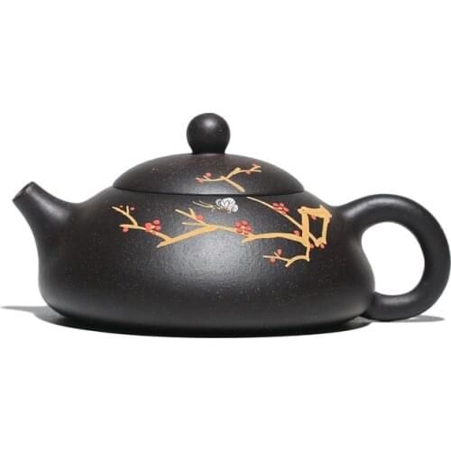 Mud Painted Plum Raw Black Mud Flat Winter Scoop Pot Yixing Purply Clay Teapot Chinese Kongfu Tea Pots 200ml Teaware