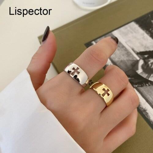 Lispector 925 Sterling Silver Glossy Hollow Cross Rings for Women Minimalist Elegant Religious Rings Unisex Faith Jewelry Gifts