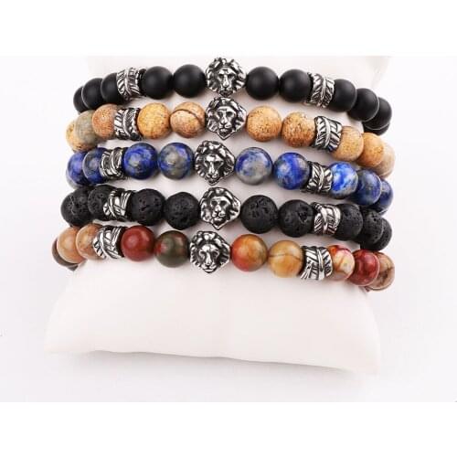 Men Bracelet High Quality New Design Stainless Steel Vintage Leaf Feather Charm Lion Natural Stone Bacelet Men Jewelry Gift