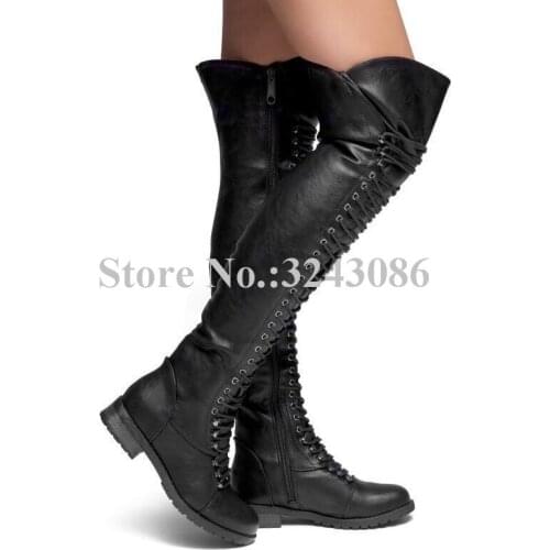 Lady New Lace-up Flat Over the Knee Boots Fashion Black Leather Woman Casual Long Boots Large Size Winter Boots Dropship Shoes