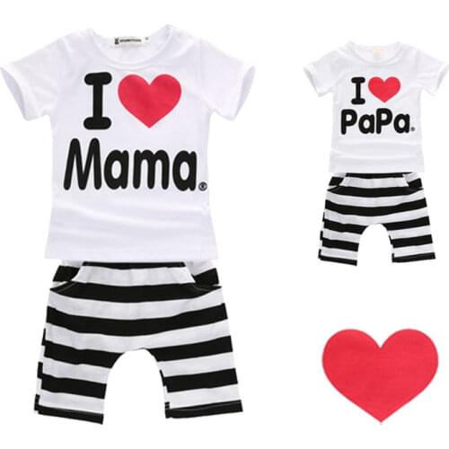 3-24M I Love Mama Papa Baby Clothing Boy Girl Summer Outfits Kids Short Sleeve T-shirt Tops+Stripe Pants Shorts Cotton Set