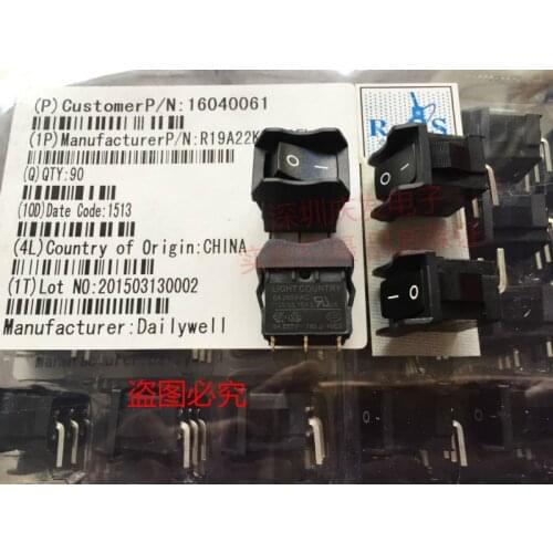 Original new 100% import rocker switch with sheath R19A 3pin 2gear bend foot opening 13*20 warping plate 6A 250VAC