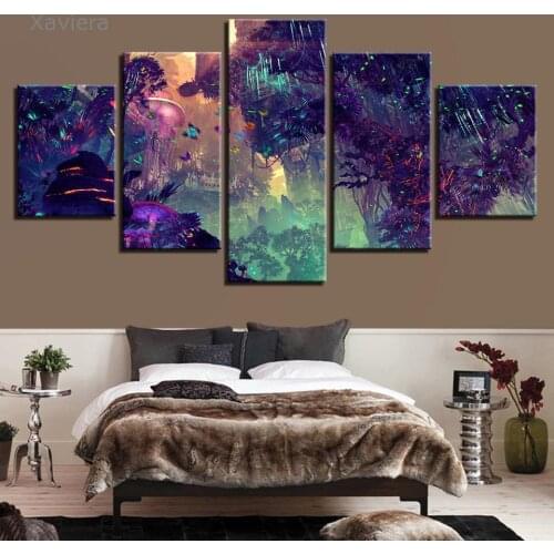 Printed Canvas Painting Mushroom Tree Wall Art Poster No Frame 5 Pieces Colorful Luminous Forest Modular Picture Home Decoration