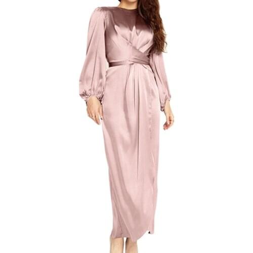 Women Arab Muslim Satin Puff Long Sleeve Wrap Front Maxi Dress Abaya Hijab Robe