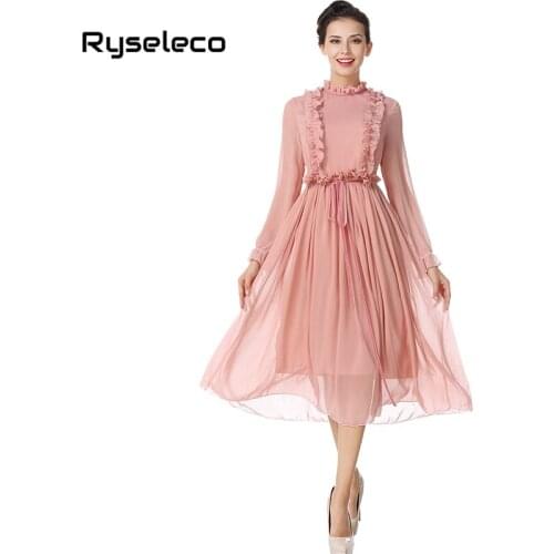 Ryseleco New Spring Sweet A-Line Solid Mid-Calf Dress Fashion Girl Ruffled Long Sleeve Swing Lacing Chiffon Wrinkle Pleat Dress