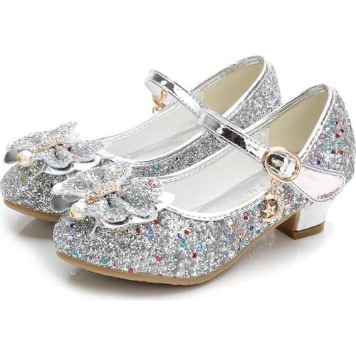 Girls Leather Shoes Princess Children Shoes Soft-Sole Girls High Heel Crystal Glitter Butterfly Knot Student Performance Shoes