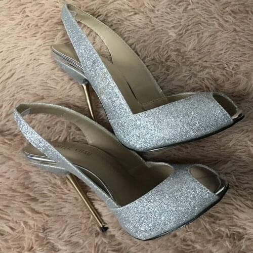 Sexy Silver Glitter Pumps High Heel Bridals Dress Party Women Pumps Summer New Peep Toe Sling Back Stiletto Fish Mouth 11cm Heel