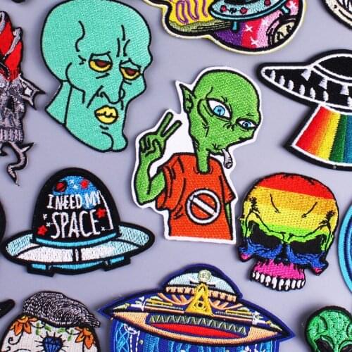 Alien UFO Embroidered Patches For Clothing Iron On Punk Patches For Clothes Stripe Applique For DIY T-shirt Badges Skull Patch