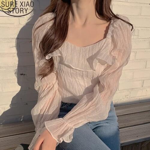 Women Shirts Summer O Neck 2021 New Korean Chic Blouse Ruffles Tops Fashion Pleated Puff Sleeve Blouses Casual Shirts 13865
