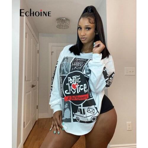 Echoine Fashion Print Sexy Round Neck Long Sleeve Casual Vintage T-shirt Woman Loose All-match Tops Streetwear Autumn New 2021