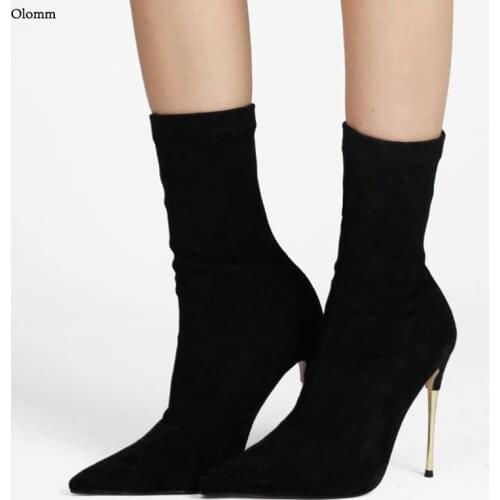 Olomm New Fashion Women Spring Soccer Ankle Boots Metal Thin Heels Pointed Toe Black Yellow Red Party Shoes Women US Size 5-13