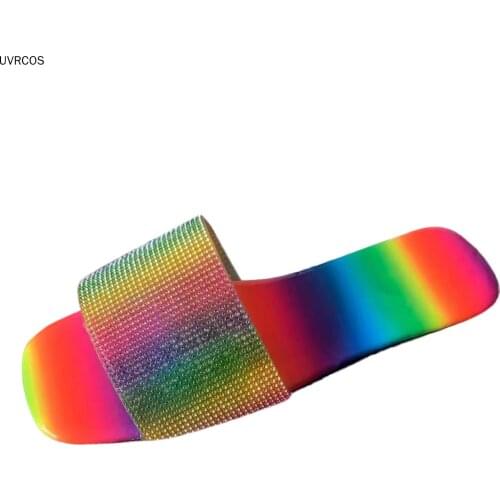 40# Sexy Slides Shoes Rhinestone Women Slippers Gold Crystal Shoes Summer Fashion Flat Sandals Mules Runway Beach Shoes