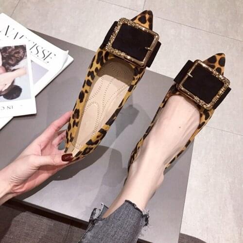 Female Flock Flats Fashion Leopard Print Pointed Toe Women Shoes With Metal Square Buckle Soft Sole Slip-Ons Spring Footwear
