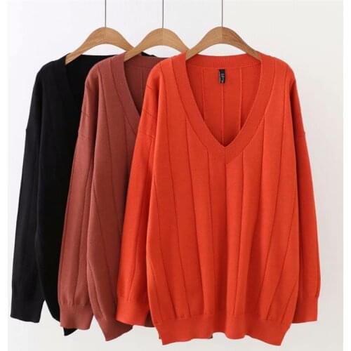 Plus size V-Neck drop-shoulder sleeve women Knitted pullover 2018 black & Brick red & Bean sand color ladies sweater wool female