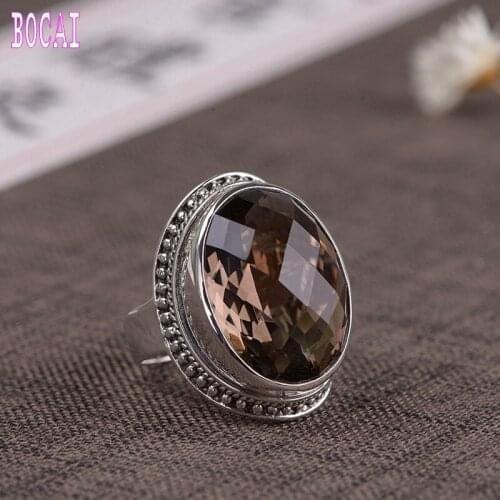 S925 sterling silver jewelry retro craft Female models simple fashion inlaid tea crystal womans new silver ring