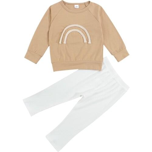 2021 1-6Y Casual Kids Baby Girl Boy Clothes Set 3D Rainbow Long Sleeve Round Neck Long Sleeve Sweatshirt+White Solid Pants Fall