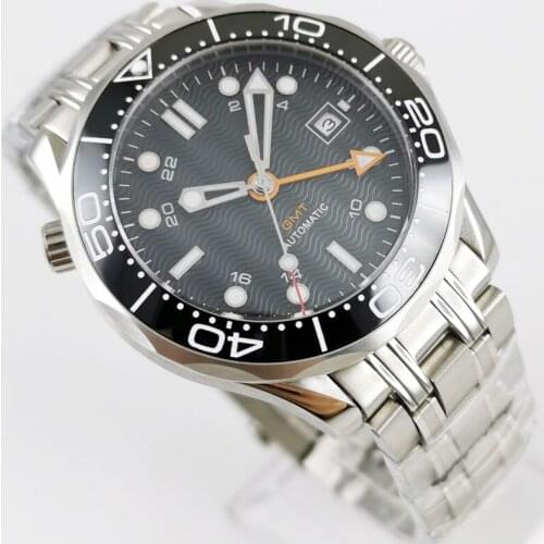 41mm Self Winding Mens Watch Automatic GMT Movement Sapphire Glass Black Steel Strap Date Window