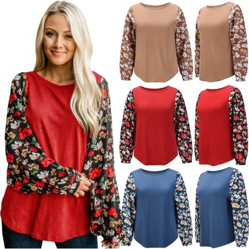 Floral Blouse Women New Round Neck Knitted Long-sleeved T-shirt Women Long Sleeve Tops Spring/Autumn Regular Patchwork Tops