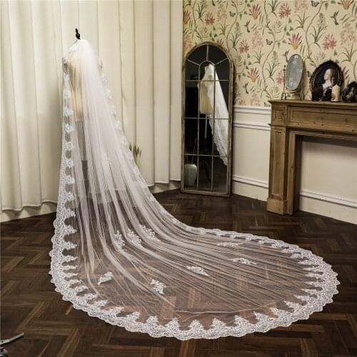 Long White Ivory Lace Edge Wedding Veils Elegant Vintage Bohemian 350cm Length Bridal Veil Tulle Bride Hair Accessories HL122