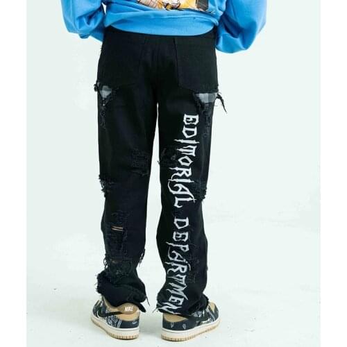 Hip Hop Casual Jeans Men Letter Embroidery Hole Denim Pants Diablo Loose Straight Jeans High Street Casual Oversized Streetwear