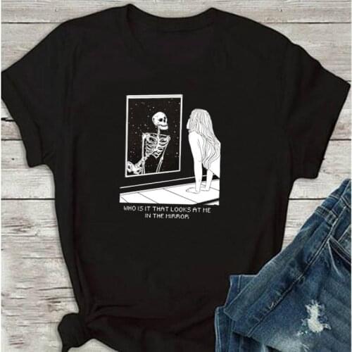 Skeleton In The Mirror Art Drawing T-Shirt Women Edgy Fashion Grunge Aesthetic Tee Hipsters Cute Funny Shirt Gothic Clothing