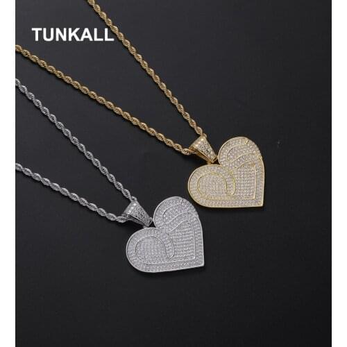 TUNKALL Brass Pendant Heart Micro pave with CZ Bling Bling Mens Pendant Necklace Iced out Hip Hop Jewelry CN363