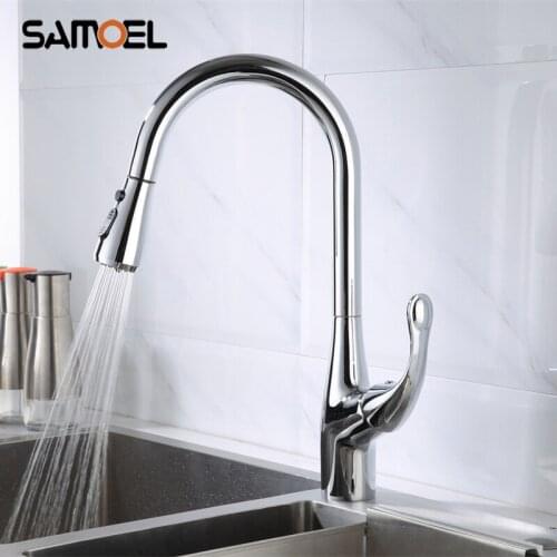 Brass Silver Color Pull Out Kitchen Sink Faucet Mixer Deck Mounted Chrome Pull Down Kitchen Cold Hot Water Tap 1224C