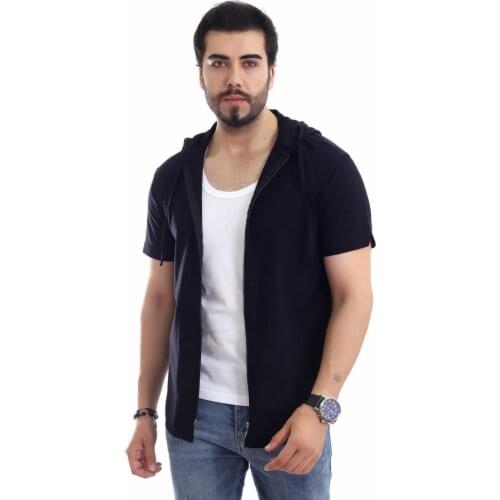 100 COTTON HOODED AND ZIPPERED SLYM FİT SHORT-SLEEVE SPORTS BLACK COLOR MEN 'S SHIRT