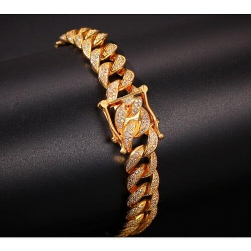 S925 Sterling Silver AAA CZ Cubic Zirconia Bling Iced Out Round Gold Cuban Chain Bracelets for Men Hip Hop Rapper Jewelry