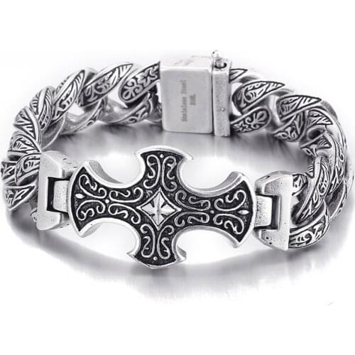 HAOLYNJOY 18mm Totem Pattern Vintage Cuban Bracelet Mens 316 Stainless Steel Rock Jewelry