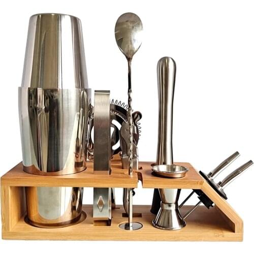 Cocktail shaker 10-piece sets stainless steel trapezoidal bamboo frame boston shaker bartender kit for martini margarita mix