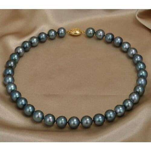 Free shipping 18"11-12 mm round tahitian black green pearl necklace