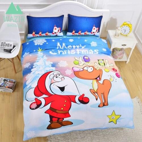 WAZIR Cartoon Santa and Elk Bedding Set Pillowcase Duvet Cover Home & Living Bed Linen Christmas Gift for Kids Bedroom Decor