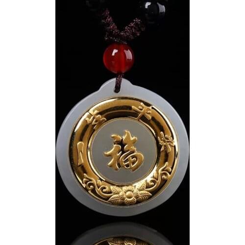 Natural Nephrite Pure Gold Inlaid Pendant Blessing Necklace Jewelry Jade Safety buckle Pendant For Man&woman Gifts