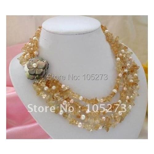 Stunning 4Row White Pink Freshwater Pearl Yellow crystal Necklace 18'-20inch Fashion Womens Girls Jewelry New Free Shipping